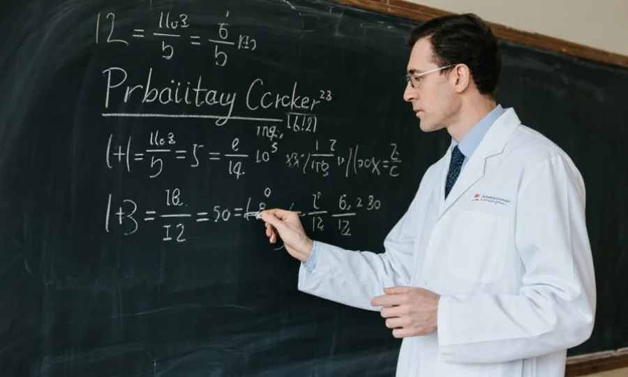 一位科学家在黑板上用数学公式解释概率与彩票的关系,气氛严肃且富有教育意义