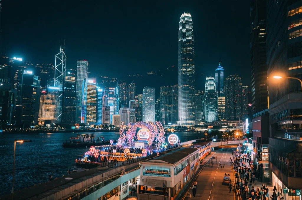 香港现代化夜景，高楼林立，车水马龙，象征城市活力与持续的公共事件