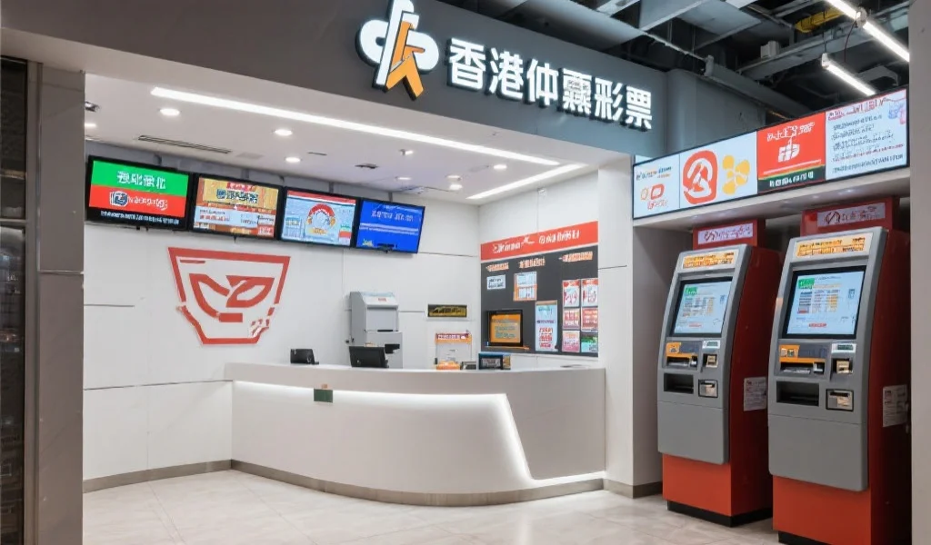 现代风格的香港彩票中心，电子显示屏和自助售票机，体现科技与现代感