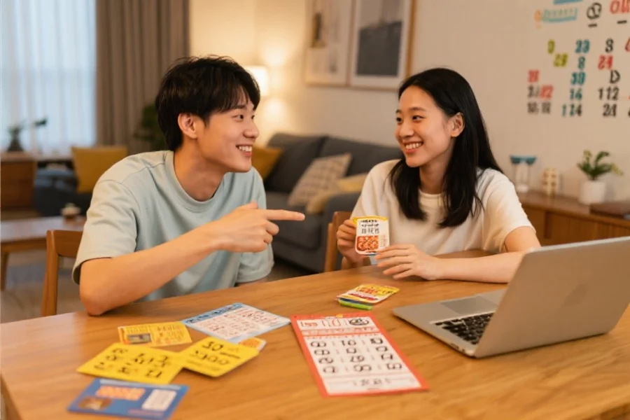 一位年轻男女在家中轻松讨论概率和数字,桌上摆着彩票和笔记本电脑